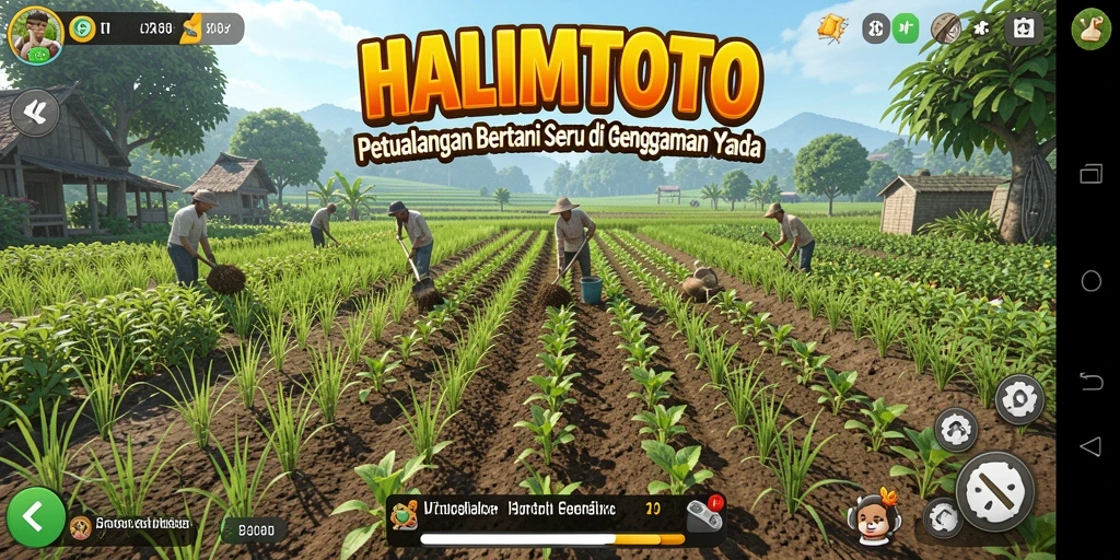 Screenshot gameplay HALIMTOTO menunjukkan aktivitas bertani yang seru dan interaksi sosial.