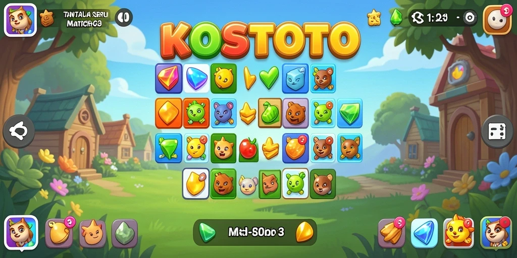 Screenshot gameplay KOSTOTO menampilkan aksi mencocokkan permata yang seru dan penuh warna.
